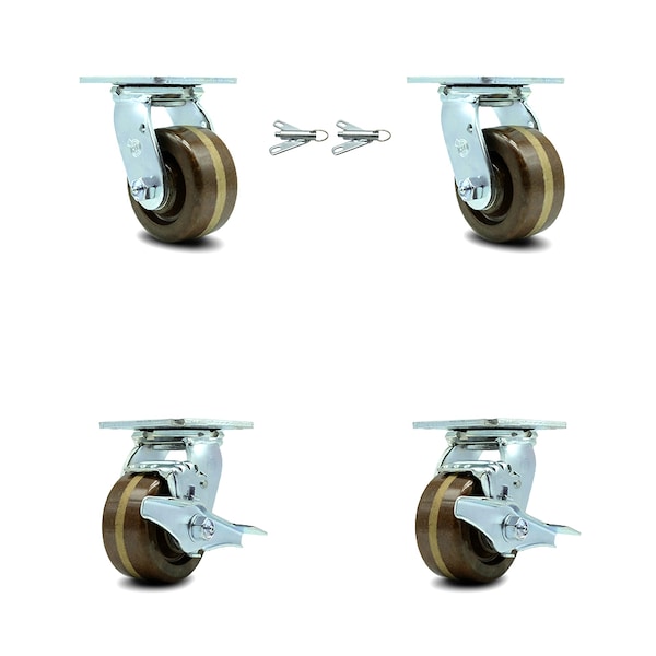 4 Inch High Temp Phenolic Caster Set with Roller Bearings 2 Swivel Lock 2 Brake